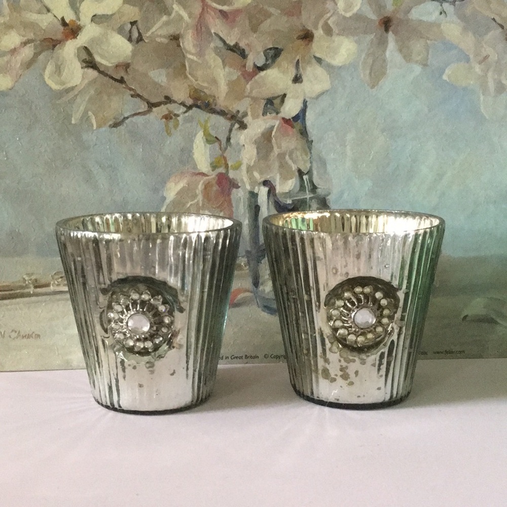 Crown Jewel Metallic Pewter Glass Candle  Votives Vintage Style Set Of Two*